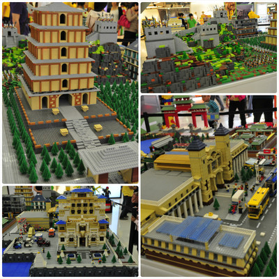 樂高積木拼成的大連自然博物館等大連地標模型，吸引了路人紛紛駐足欣賞。